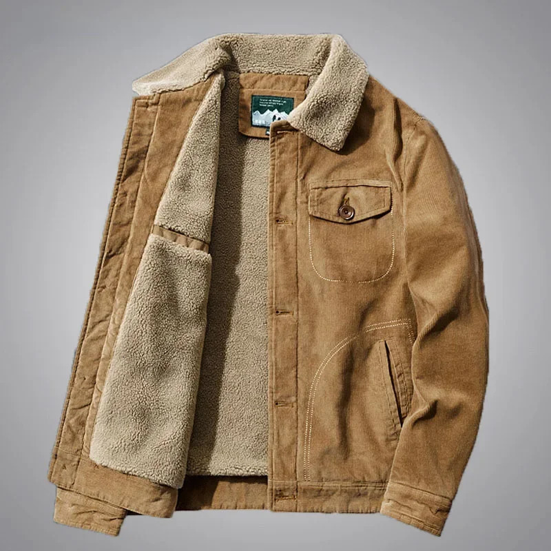 Oversized 6XL Corduroy Jacket Men Winter Thick Warm Parkas Coats Male Casual Multiple pockets Fleece Jackets Mens Solid Clothing 241202