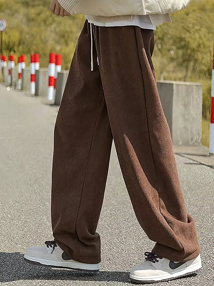 Corduroy straight casual pants mens sports hiking wide leg outdoor white retro 241206