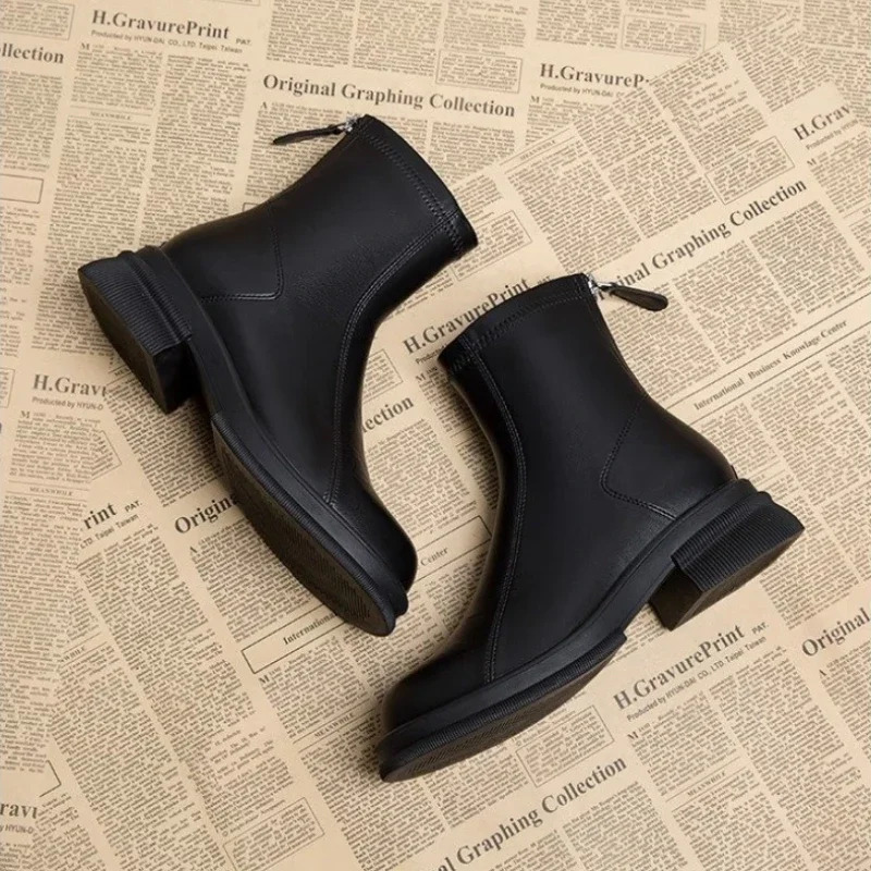 Black platform womens ankle boots fashionable soft leather shoes autumn thick short 241206