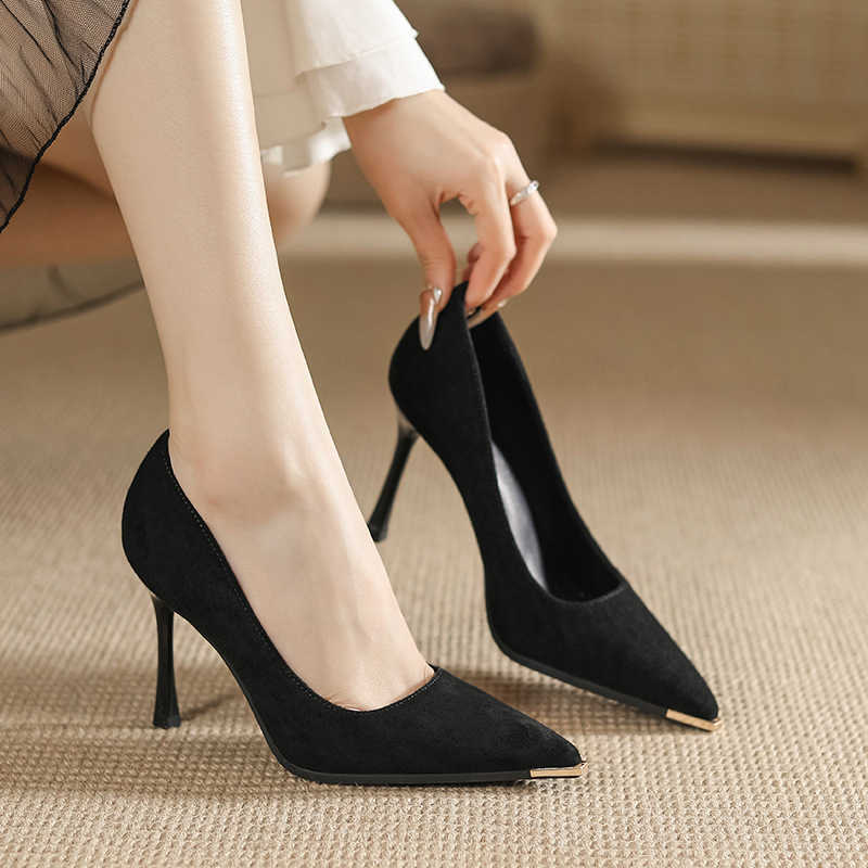 Metal toe anti kick pointed fine toe velvet satin high heels for women solid color commuting thick soled work heels