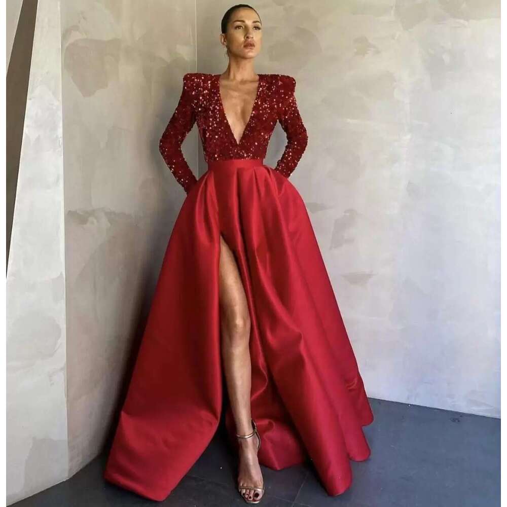 European and American Women's Feel Single Shoulder Sleeve Bead V-neck Large Pendant sequin Split Long Evening Dress 2024 New Casual Versatile Fas