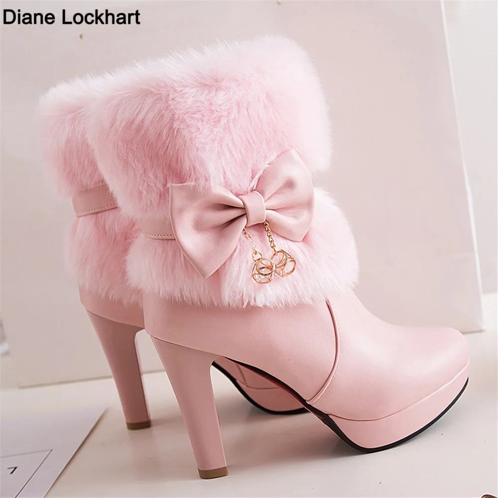 2024 Winter Womens Fashion High Heels Pink White Black Fur Tassel Bow Cute Lolita Party Wedding Shoes Size 3243 241206