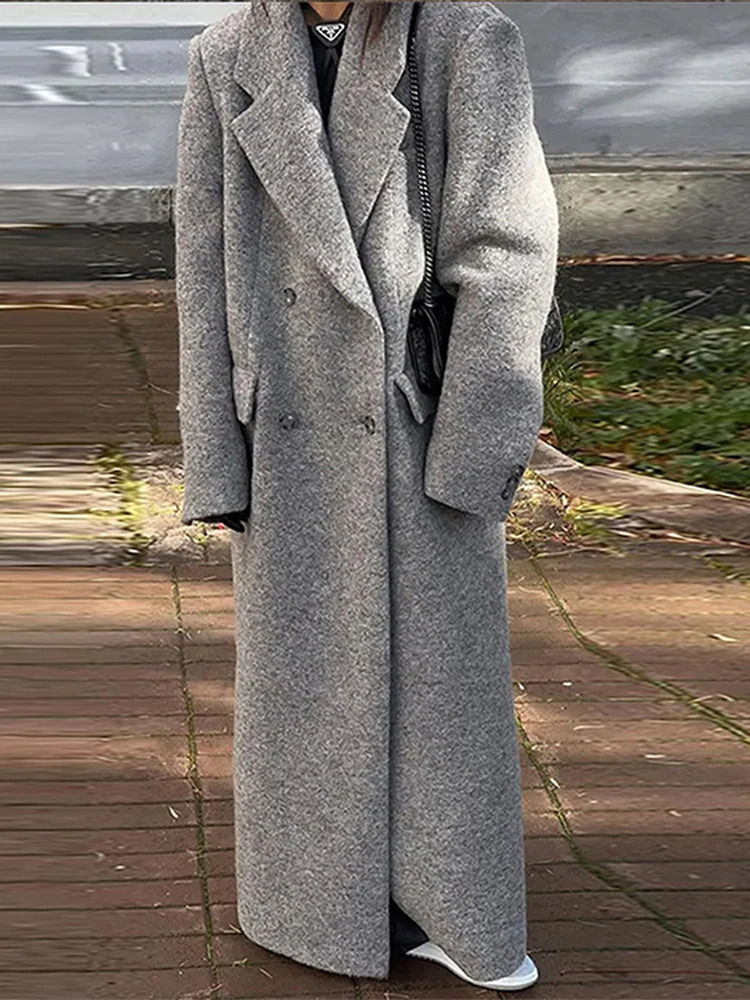 Fashion Grey Long Womens Coat Turndown Collar Double Breasted Sleeve Coats Vintage Winter Windproof Women Jacket 241202