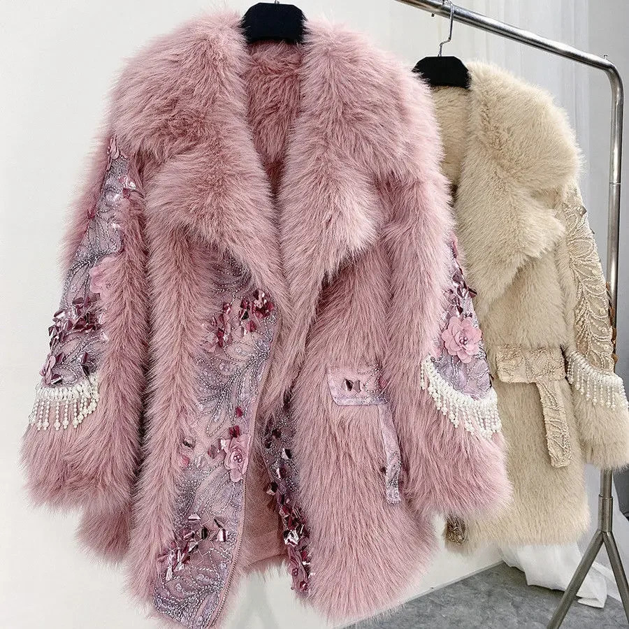 Street fashion trend Winter fur integrated sequin diamond fur coat and jacket womens sheepskin coat fashionable jacket 241202