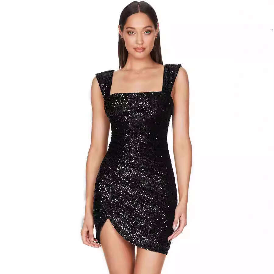 2025 Spring/Summer Product Fashionable Square Collar Sexy Strap Bag Hip Glitter European and American Mid Waist Evening Dress 2024 Versatile New Trend