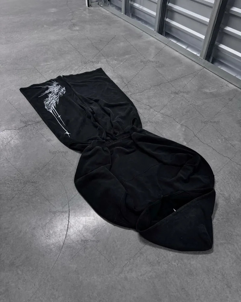 Gothic punk Harajuku Y2K clothing street retro pattern print casual wide leg mens hiphop trend backpack sports pants 241206