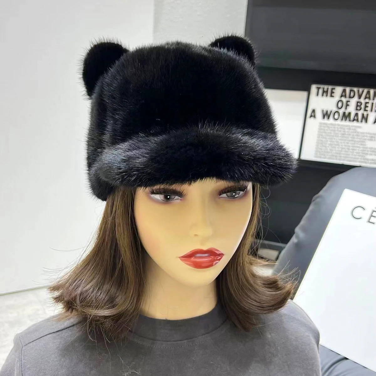 Real mink fur hat cute cat ear hat black small tail fur hat duckbill hat casual ear protection baseball hat 241206