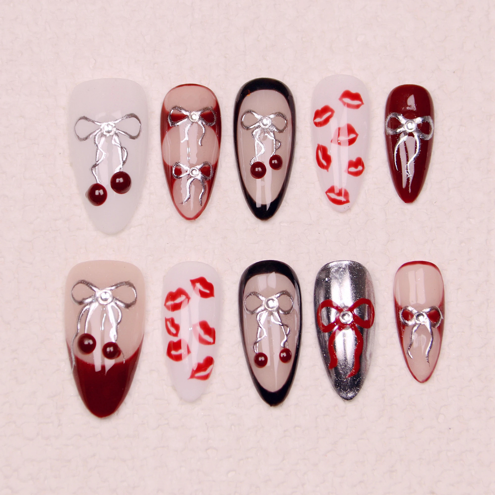 10Pcs Handmade Manicure Medium Almond Fake Nails Unique 3D Cut bow Flowers Press On Nails with Adhesive Nail File Set 241206