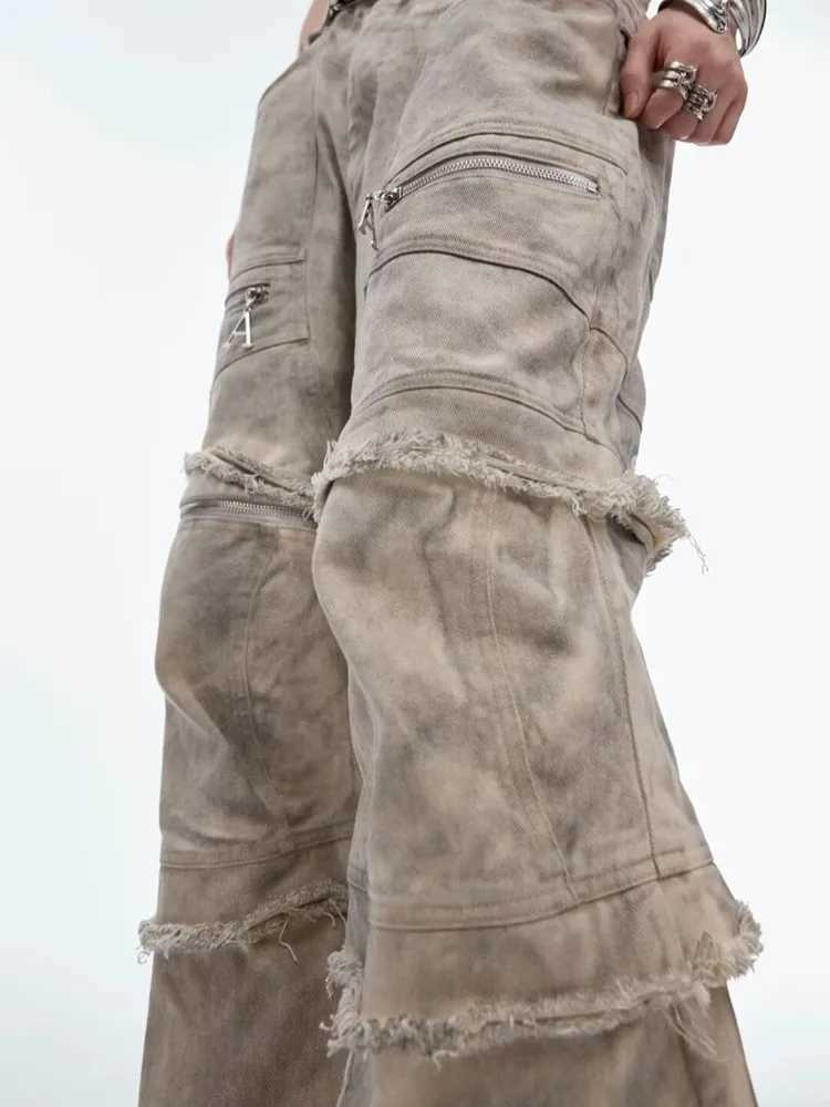 High Quality Ropa Grunge Y2K Streetwear Retro Grey Pocket Stacked Jeans Cargo Pants Mens Wide Leg Gothic Loose Pants T241207