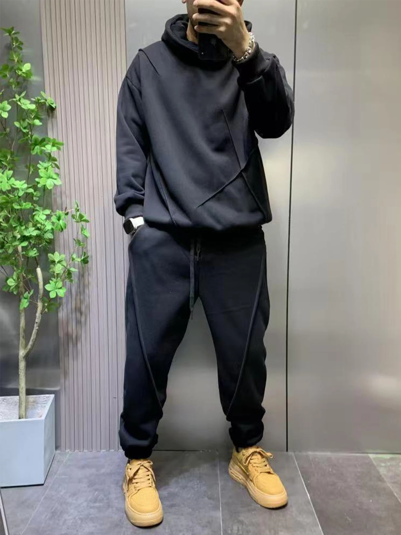 Mens autumn and winter hoodie sweater solid color set two-piece track set Y2K street mens wear 241205