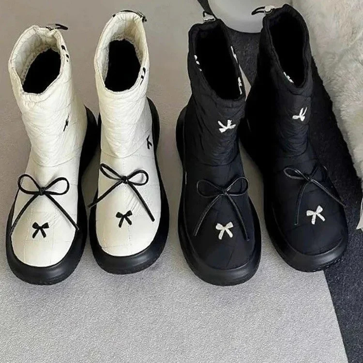 Womens Apartment Snow Ankle Boots Bow Shoes Winter 2025 Trend Warm Short Fleece Casual Cotton Sports 241206