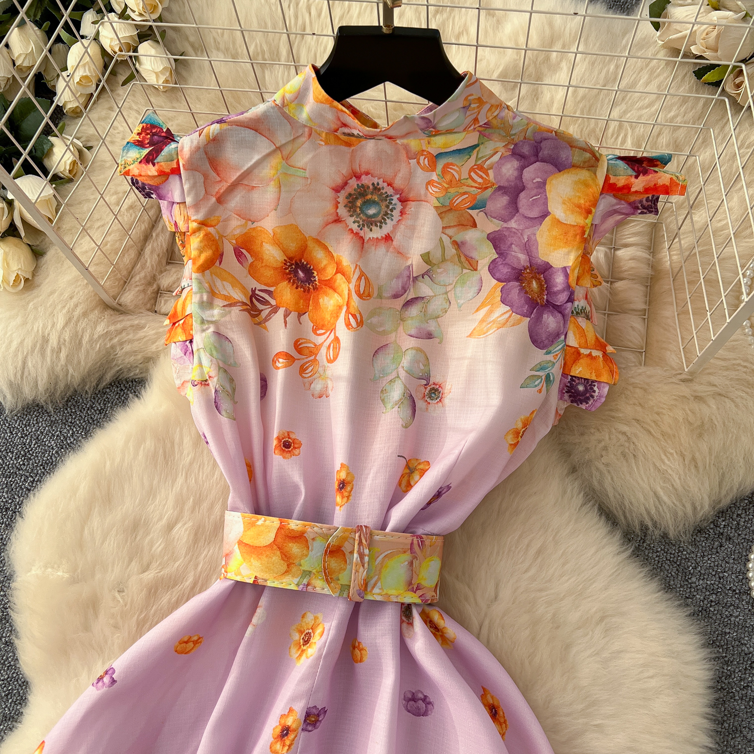 2025 Casual Dresses Summer Holiday Linen Gorgeous Flower Dress Women's Stand Flying Sleeve Floral Printing Single Breasted Belt Long Party Vestid