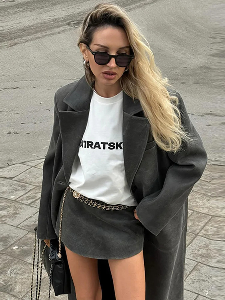 Grey Leather Long Womens Coat Vintage Turndown Collar Single Breasted Sleeve Coats Fashion Autumn Retro Jacket Outerwears 241202