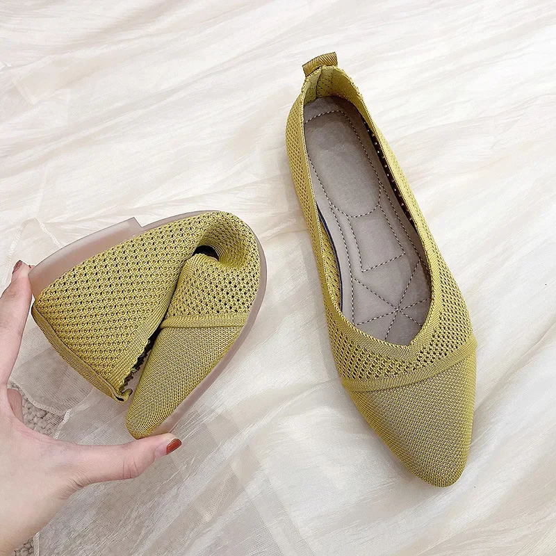 Elastic knit ballet flat bottomed womens cushioned spring breathable mesh shoes dancer Moccasins casual toe boat 241206