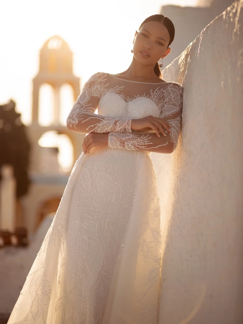 Modest Long Sleeve Wedding Dress Sparkly Sequins Beads Bride Robe Detachable Train Mermaid Bridal Gown Customized Vestidos De Novia