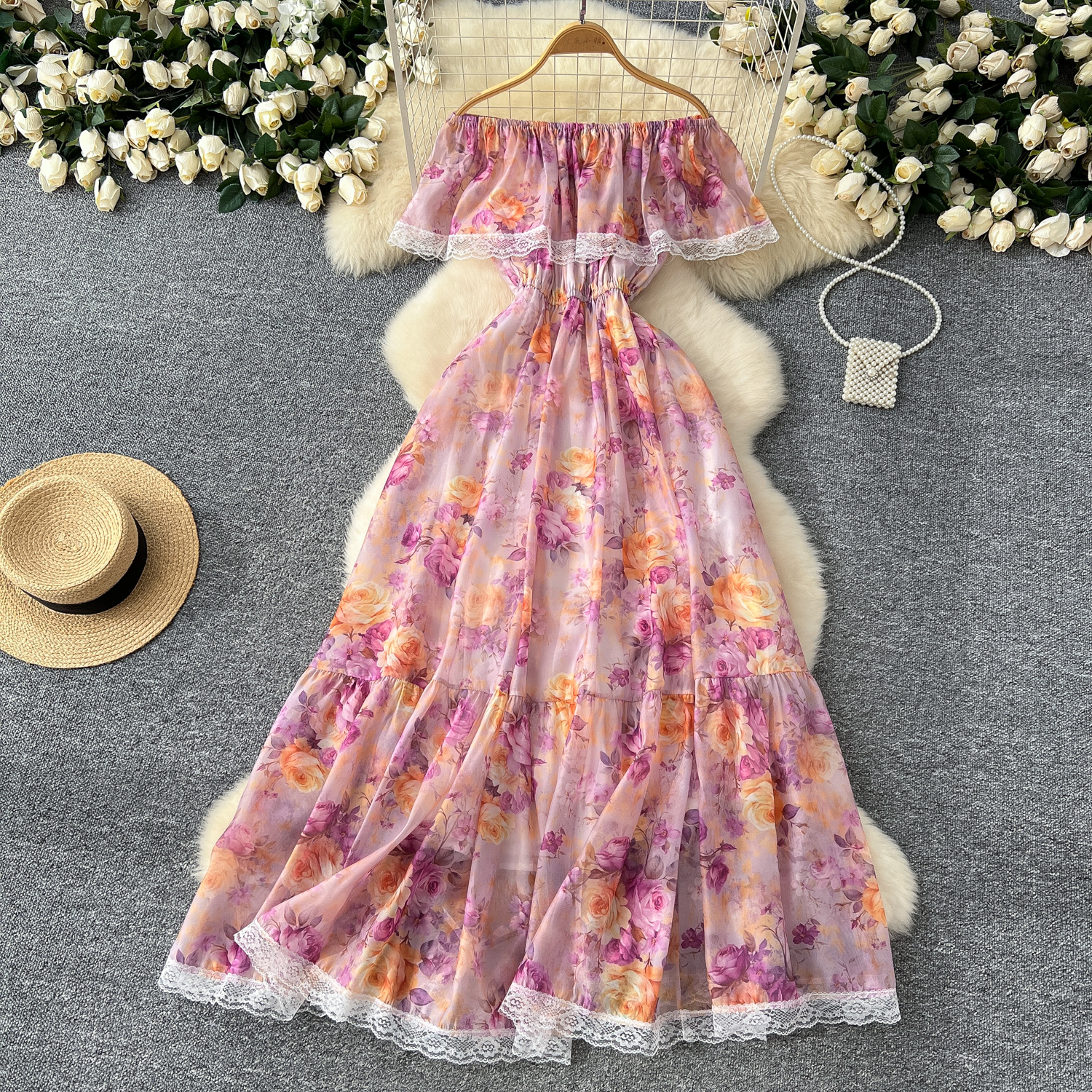 Summer New Casual Dresses 2025 Summer Gorgeous Flower Chiffon Holiday Dress Womens Sexy Off Shoulder Floral Print Lace Trims Elastic Waist Maxi Vest