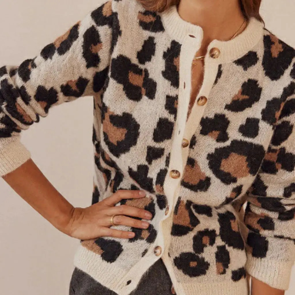 Combhasaki Womens Y2K Vintage Sweaters Aesthetic Striped Leopard Print Patchwork Buttondown Round Neck Loose Fit Knitwear Coat 241203