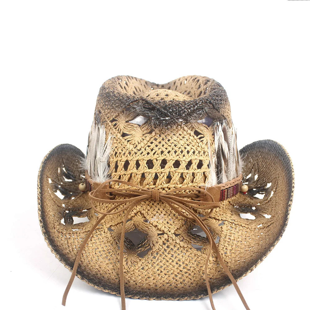 Womens Straw Hat Hollow Western Cowboy Hat Womens Handmade Bohemian Feather Straw Hat Hombre Beach Cowboy Girl Jazz Sun Hat Size 56-58CM 241206