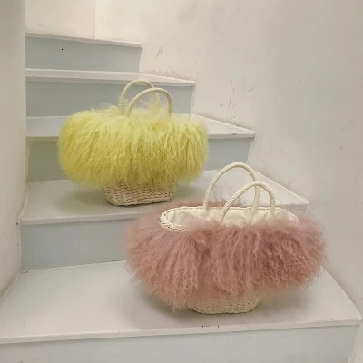 Fashion long hair curly Mongolian sheepskin handbag Real Xizang sheepskin cross wrap sheepskin shoulder turf beach bag 241205