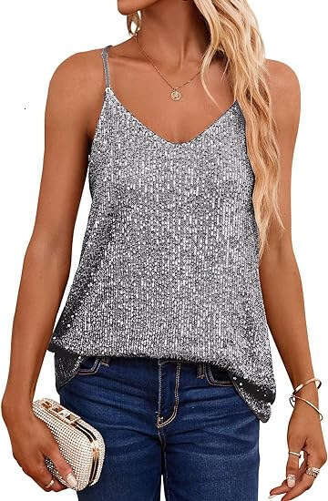 European and American style loose V-neck sleeveless sequin deep V-strap 2024 new casual versatile fashion clothing