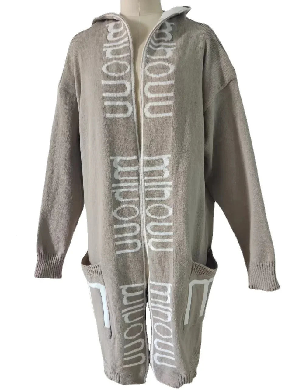 Womens long hoodie knitted jacket letter pattern knit vintage loose monochrome casual sweater 241206