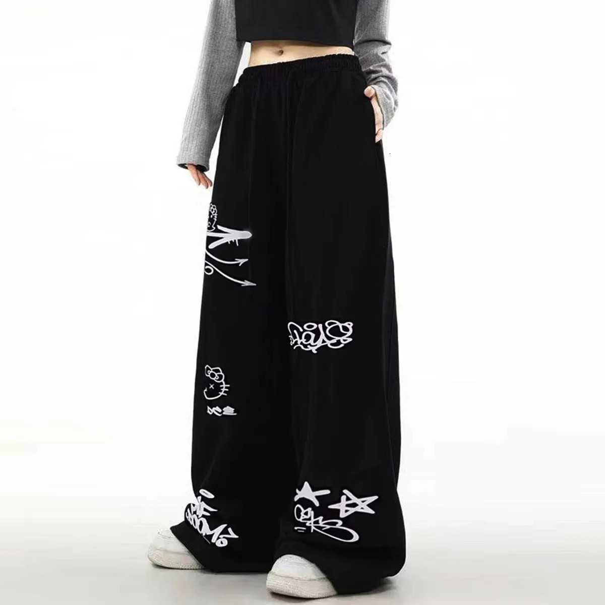 American Street Hip Hop Jazz Graffiti Hanging Straight Leg Sweater High Waist Loose Dance Wide Casual Pants 241206