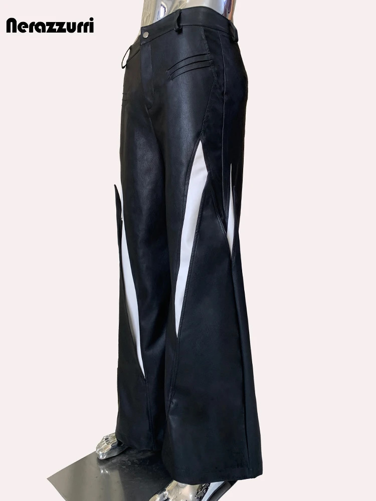Sapphire autumn cool long white black block Pu leather wide leg mens er streetwear 241205