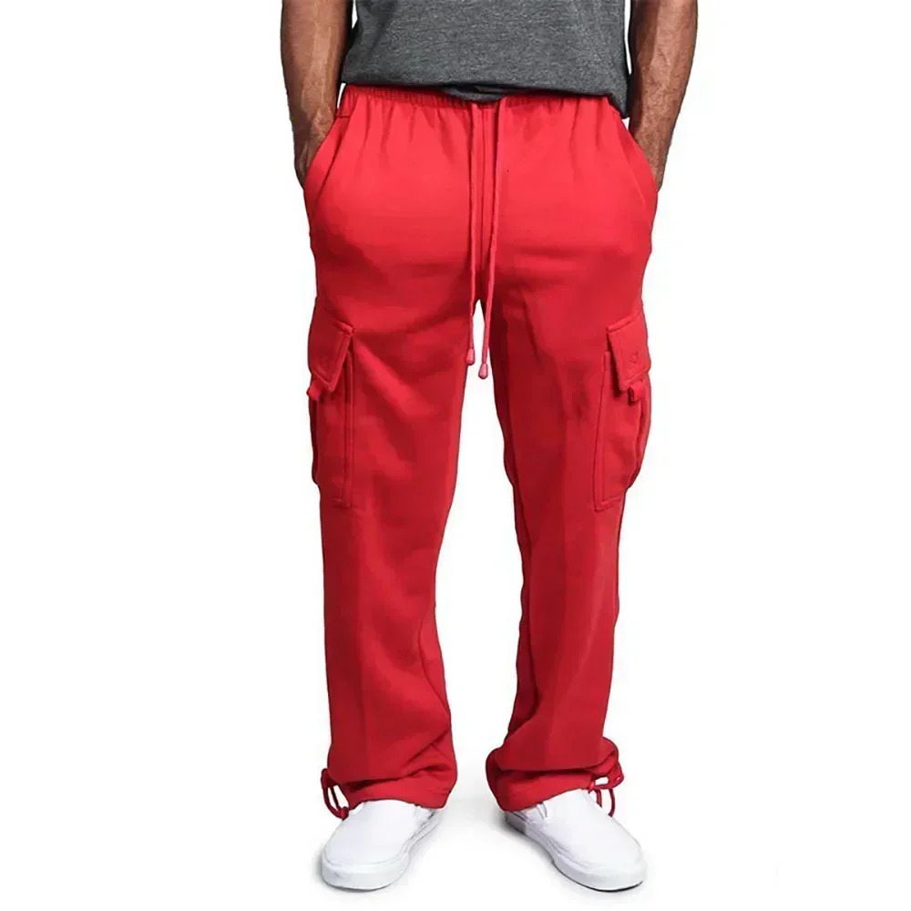 Mens wool cargo pants loose sweatpants with pockets sports straight jogging hiphop streetwear 241206