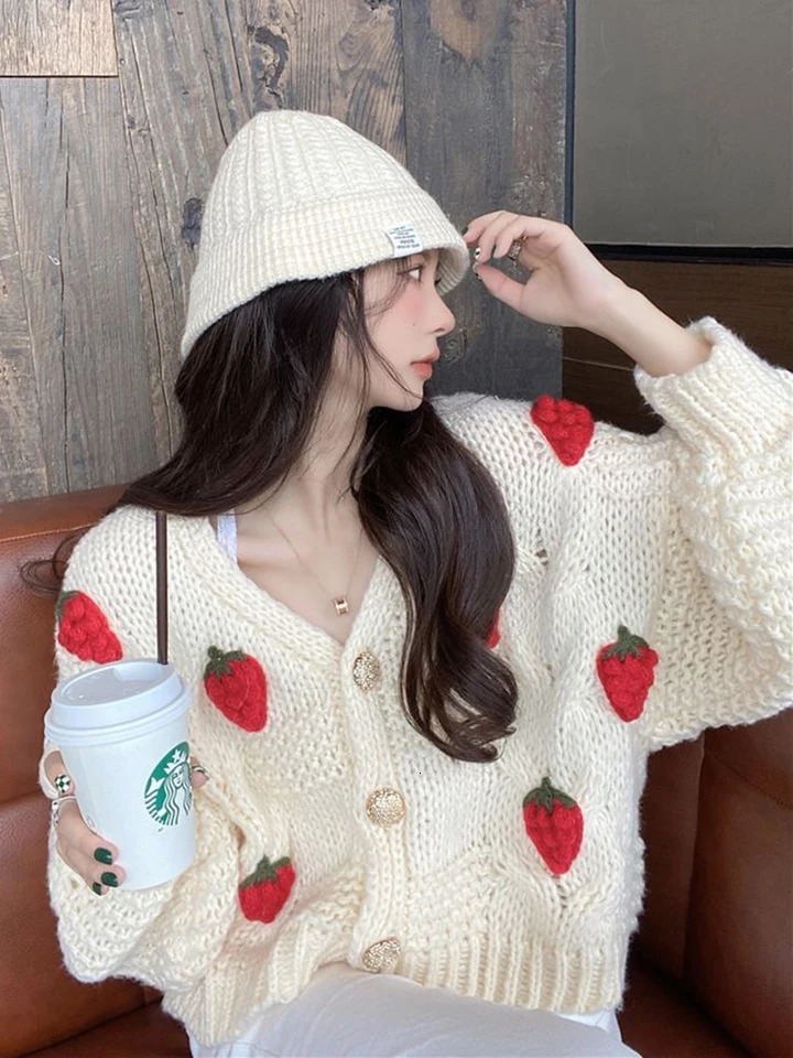 Zoki 3D Strawberry Sweet Cardigan Womens Loose Long Sleeve Fashion Knitted Sweater Korean Lazy Style Casual Soft 241206