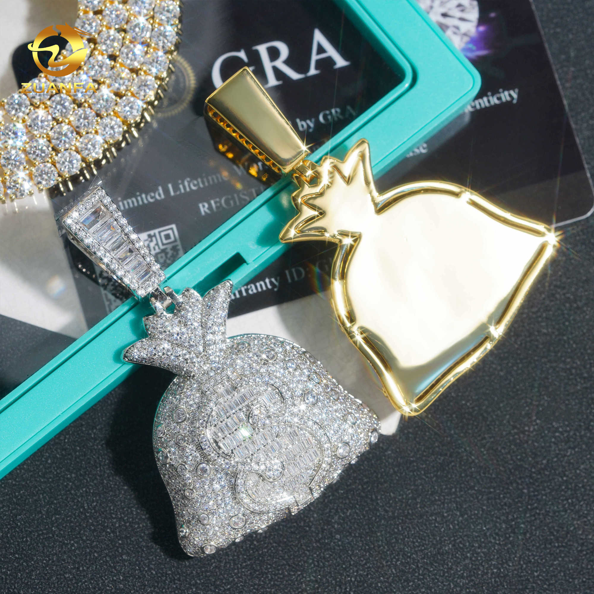 18k gold Plated Full Moissanite Diamond Hip Pop pendant D Vvs Moissanite Silver 925 Custom Dollar Money Bag ice out Pendant