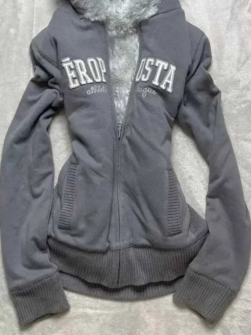 Vintage Strt Winter Coat Gothic Harajuku Trend Grey Thick Zipper Hoodie Womens Y2k Sportswear Slim Design Warm Jacket X241207