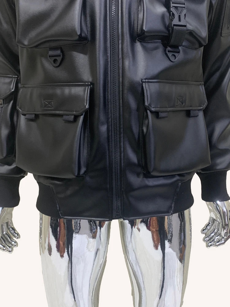 Sapphire autumn cool waterproof black Pu leather cargo Bommer Techwear mens jacket with multiple pockets European clothing 241205