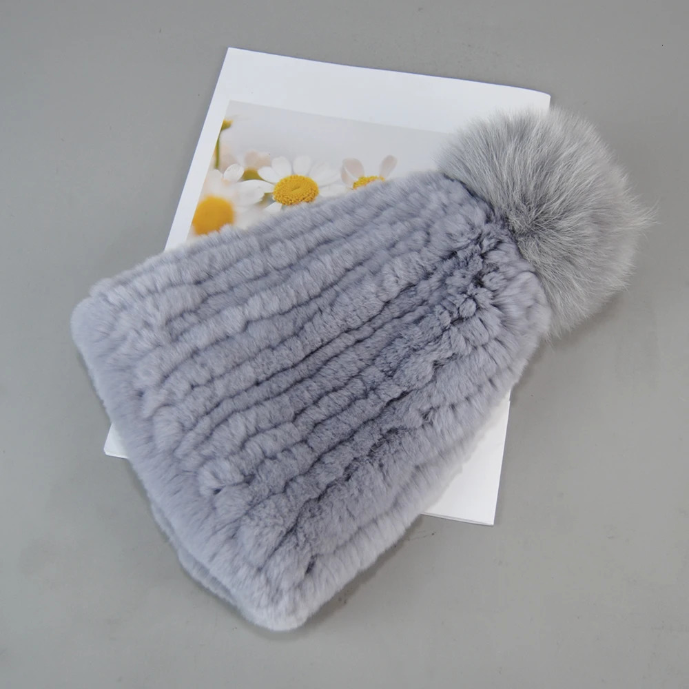 2024 Knitted Rex Rabbit Fur Hat Womens Genuine Rex Rabbit Fur Hat Quality 100% Genuine Rex Rabbit Fur Fox Fur Ball Hat 241206