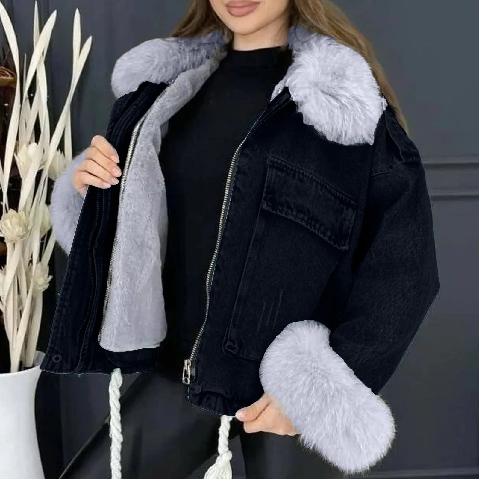 Blue wool thick denim jacket womens retro button tight short fur collar winter windproof loose 241206