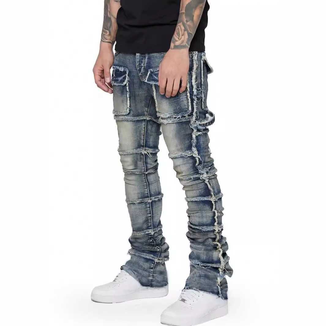 Retro Stretch Patchwork Mens Cargo Pants Distressed Button Pockets Denim Straight Trousers Fashionable Vintage Male Streetwear M250610