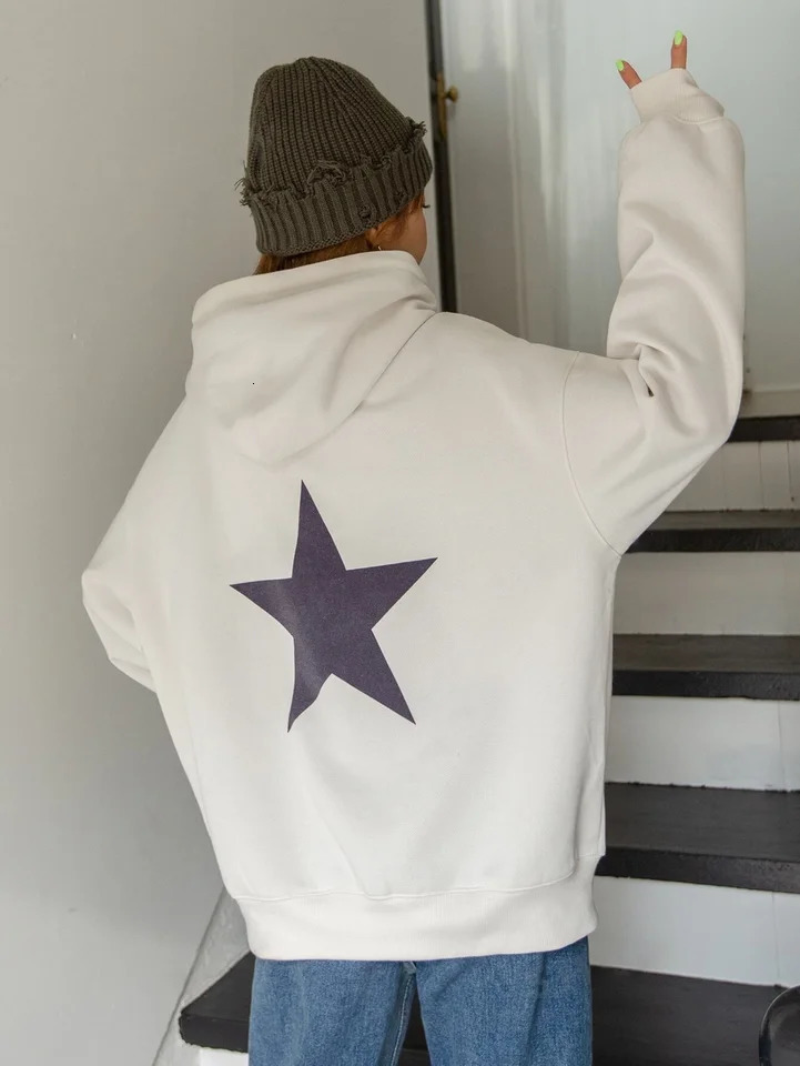 Five oclock star print womens loose hooded sweater wool sweater autumn/winter style simple and fashionable casual womens clothing 241202