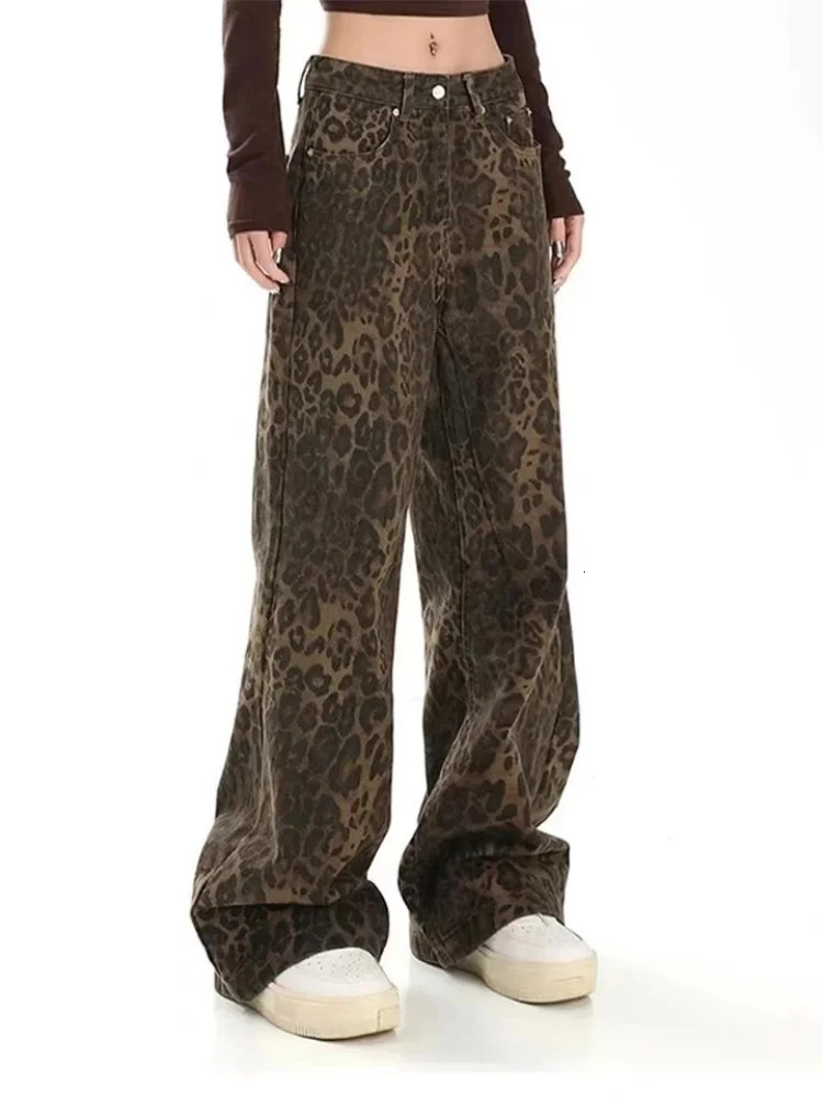 Tan Leopard Jean Denim Pants Female Oversize Wide Leg Trousers Streetwear Hip Hop Vintage Clothes Loose Casual 241203