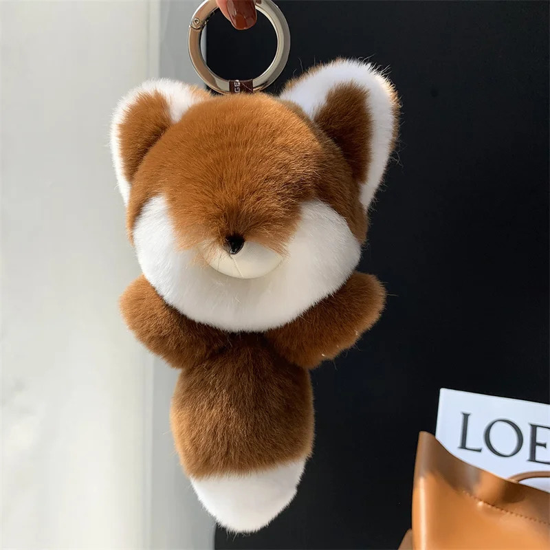 2024 Real Rex Rabbit Fur Fox Pendant Keychain Female Fluffy Fox Toy Pavilion Package Car Keychain Charm Girlfriend Gift Accessories 241206
