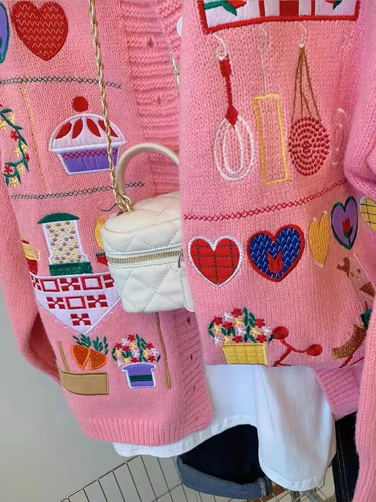 Korobov Pink Sweater Women Autumn Cartoon Style Jumpers Embroidery Age Reduction Thick Round Neck Knitted Cardigan Coat 241203