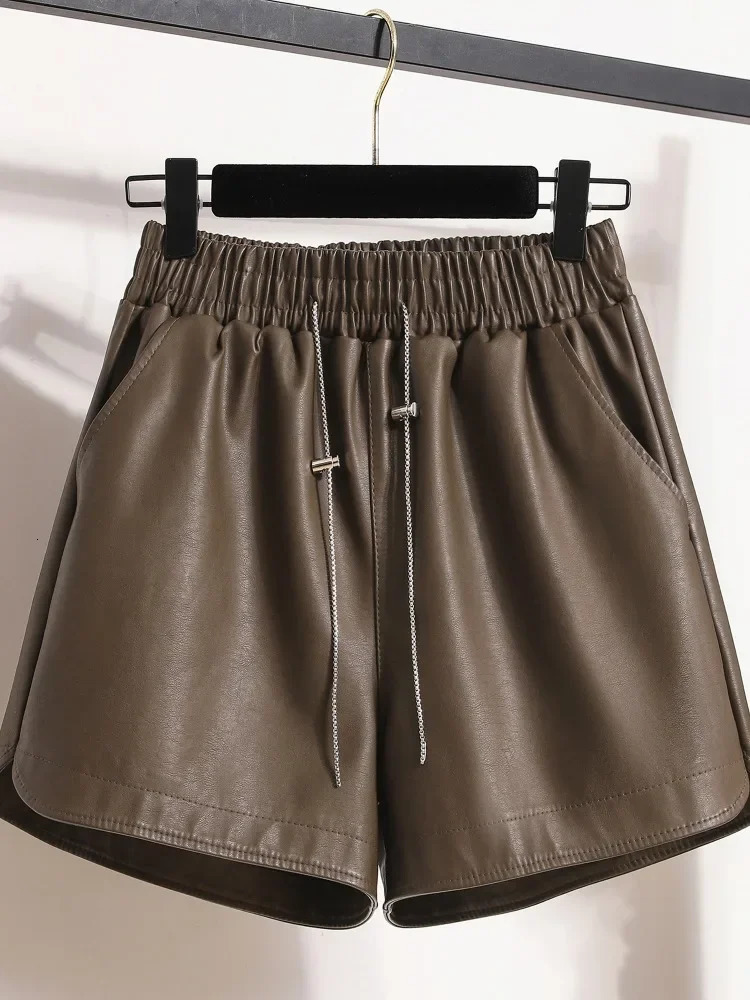 Womens Autumn Loose Wide Leg Shorts Womens High Waist Casual Pocket Shorts Womens PU Leather Shorts L531 241206