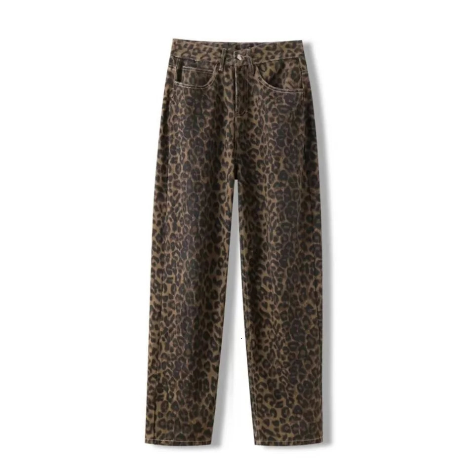 Tan Leopard Jean Denim Pants Female Oversize Wide Leg Trousers Streetwear Hip Hop Vintage Clothes Loose Casual 241203