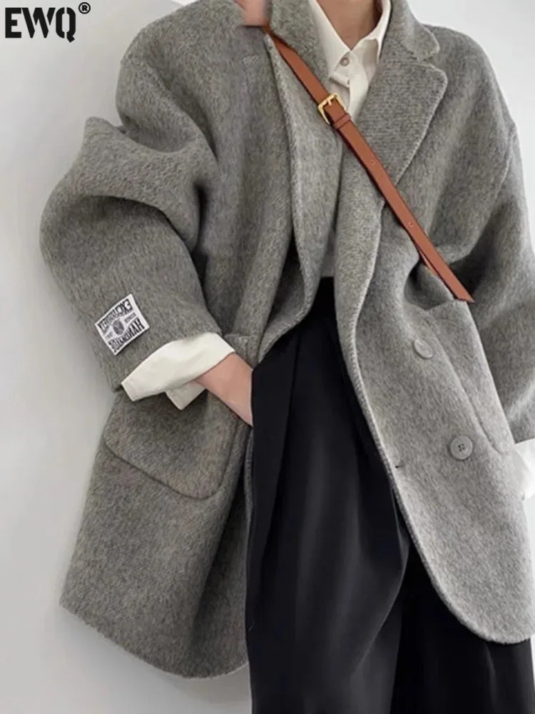 EWQ Korean Loose Long SleeveTurndown Collar Solid Woolen Coat Doublefaced Cashmere Winter 2024 Autumn 16O1639 241202