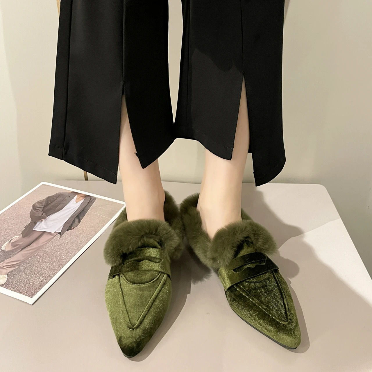 Fur Womens Apartment Cotton Boots Corner Toe Suede Warm Shoes 2024 Winter Snow Short Plush Walking Sexy 241206