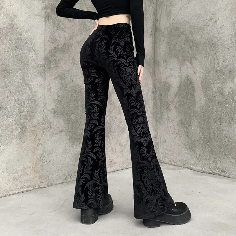 Womens Gothic style pants black glitter pants womens fashionable temperature velvet embossed n casual Trouser womens 241202