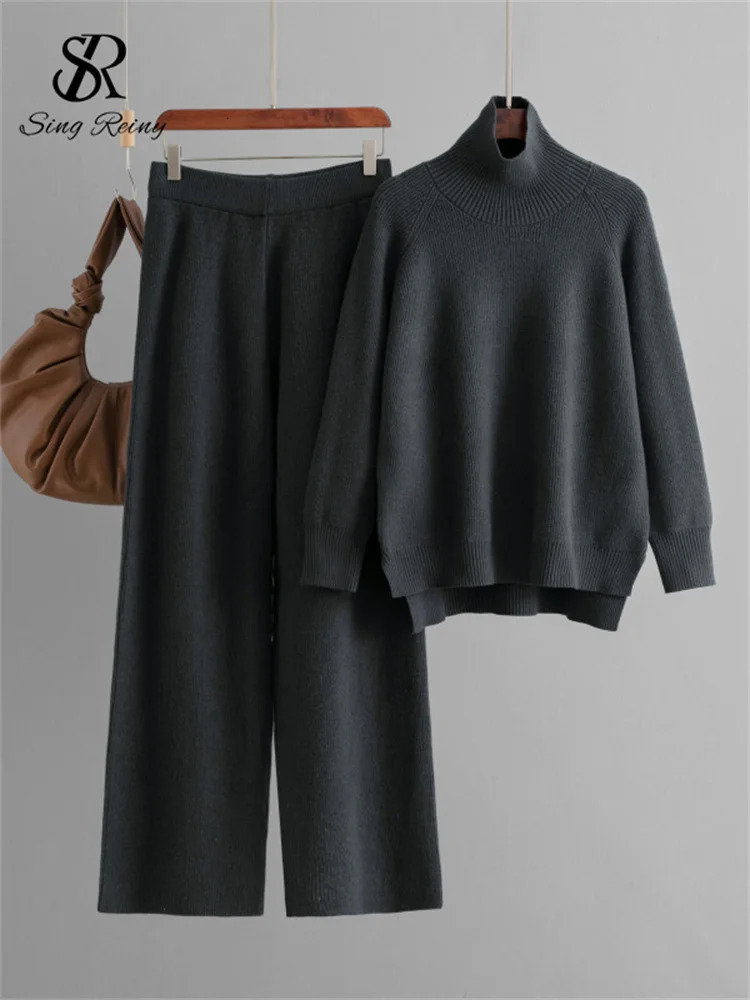 Singreiny Winter Solid Warm Set Womens Turtle Neck Long Sleeve Irregular TopWide Leg Casual Pants Sweater Two Piece Set 241205