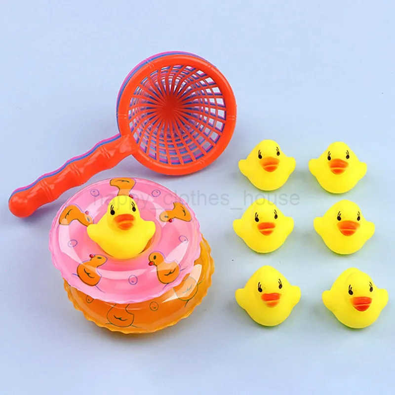5Pcs/set Kids Floating Bath Toys Mini Swimming Rings Rubber Yellow Ducks Fishing Net Washing Swimming Toys Water Fun pool toysXJ241207