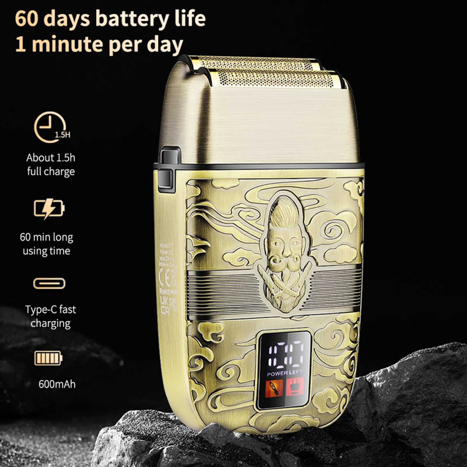 Mens Full Metal Razor Dual Mesh Reciprocating Razor High Speed Beard Razor Balders LCD Dual Reciprocating Heads 8800rpmXJ241207