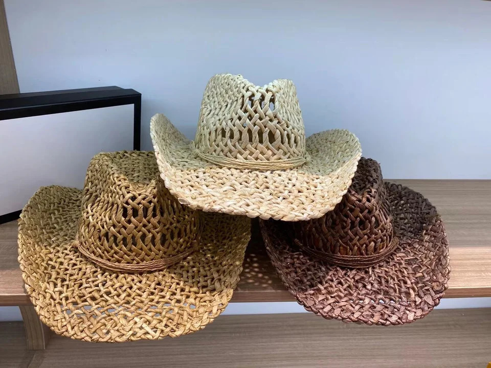 Corn husk material straw hat Western cowboy hat Spring/Summer Panama sun hat Retro elegant denim jazz hat Sombrero Hombrero 241206