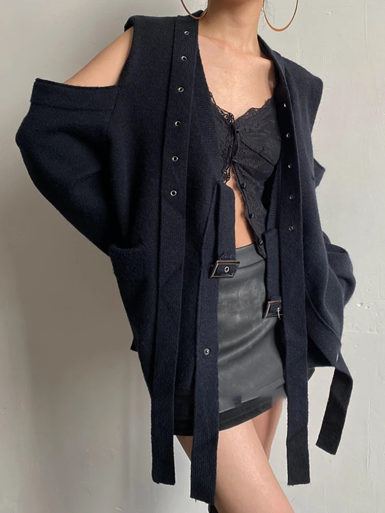 DEAT Fashion Womens Knitted Cardigan Shoulder Hollow Out Pockets Elastic Ribbon Decorate Loose Coat Autumn 7AB1714 241203