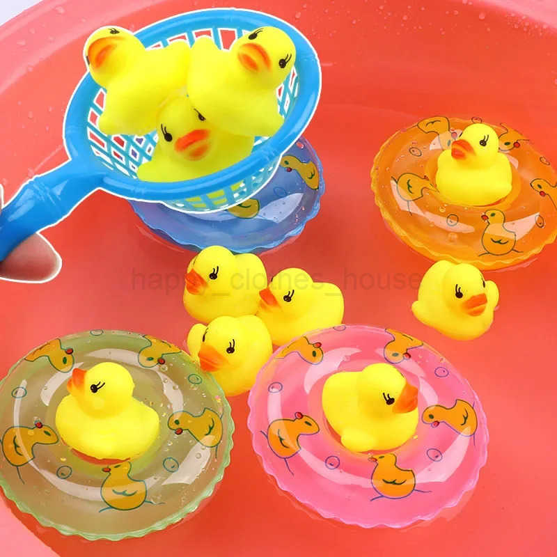 5Pcs/set Kids Floating Bath Toys Mini Swimming Rings Rubber Yellow Ducks Fishing Net Washing Swimming Toys Water Fun pool toysXJ241207